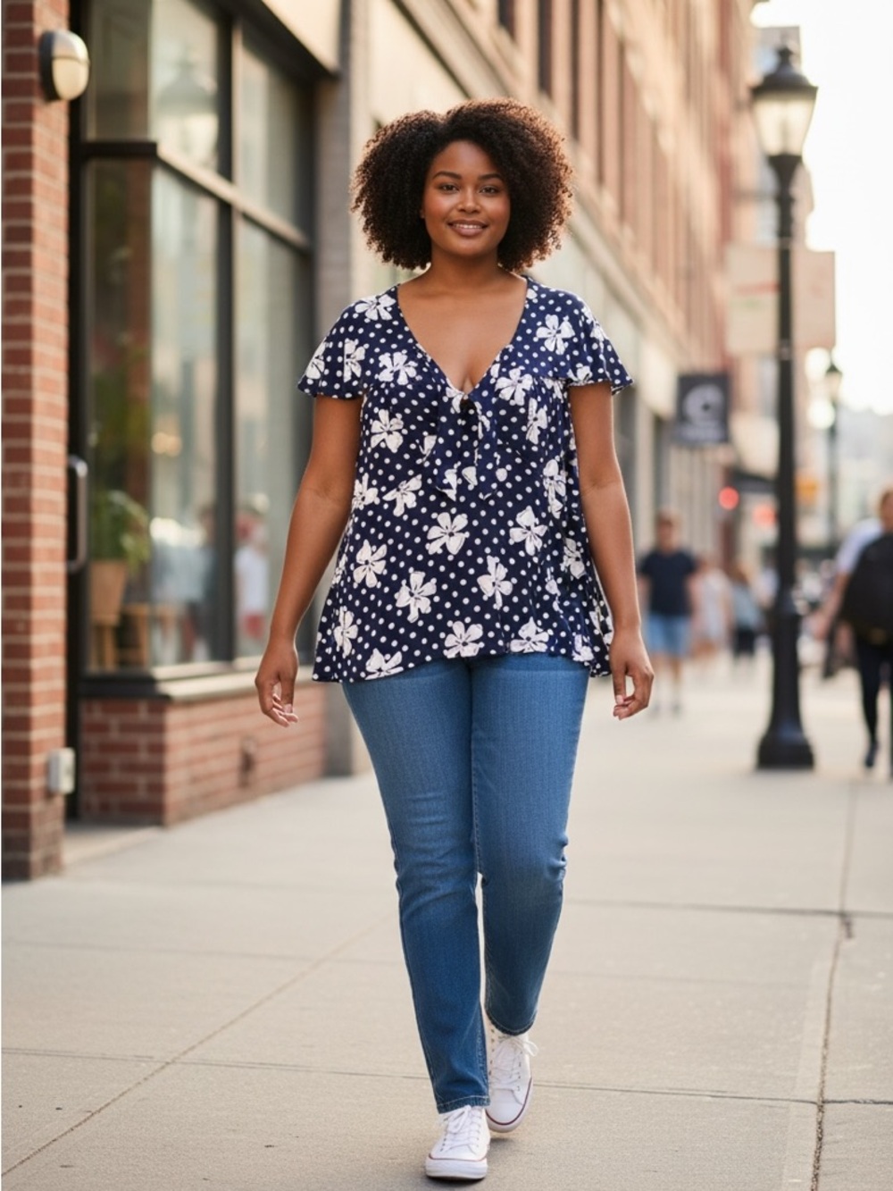 loralette Navy and White Floral Polka Dot V-Neck Blouse Size 26/28